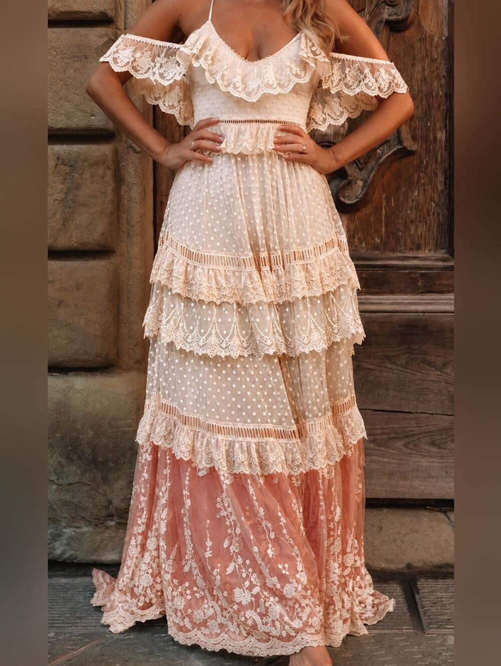 Lulu's Cream and Dusty Rose Lace Tiered Maxi Dress